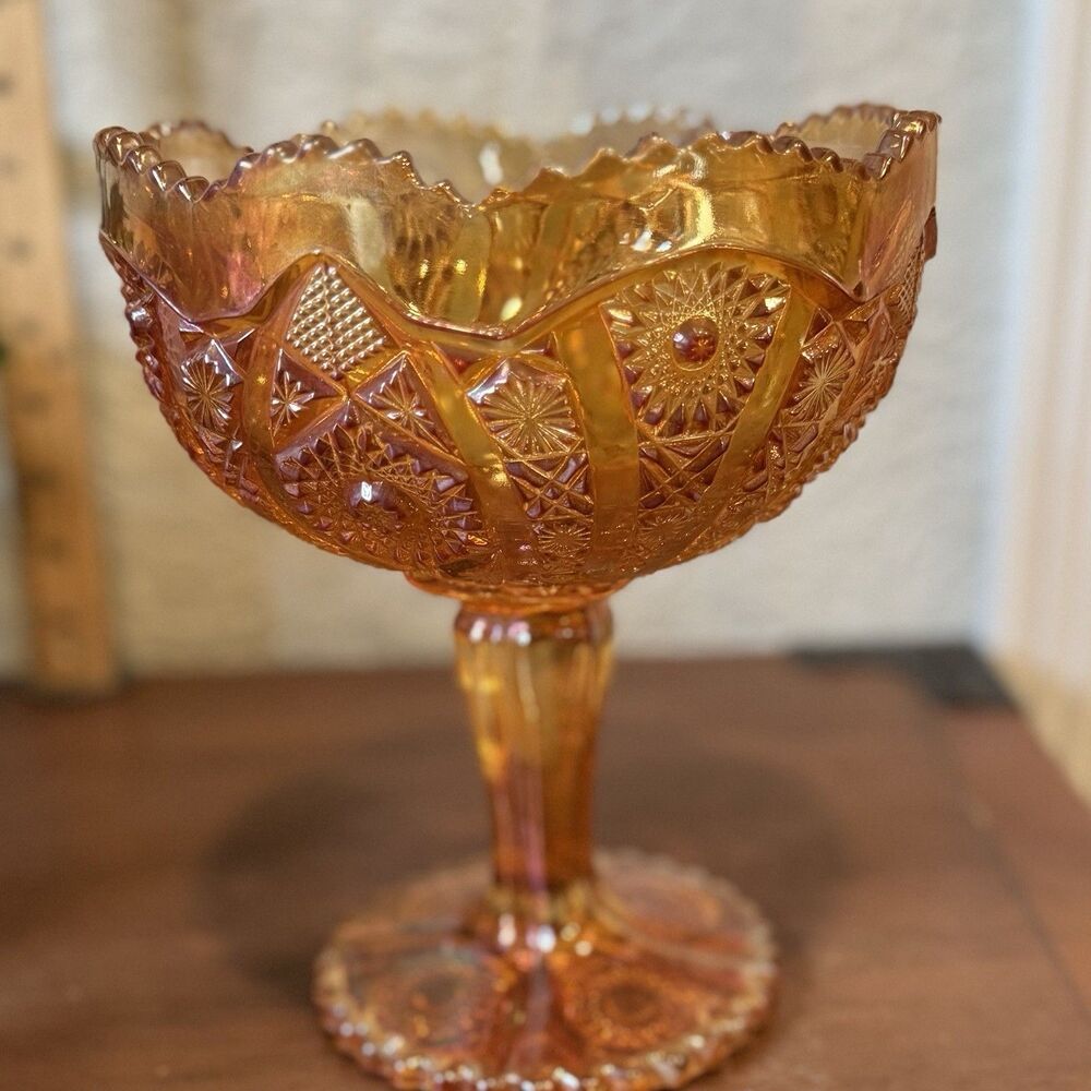 Large Vintage Imperial Glass Marigold Carnival Glass Pedestal Compote Candy Dish